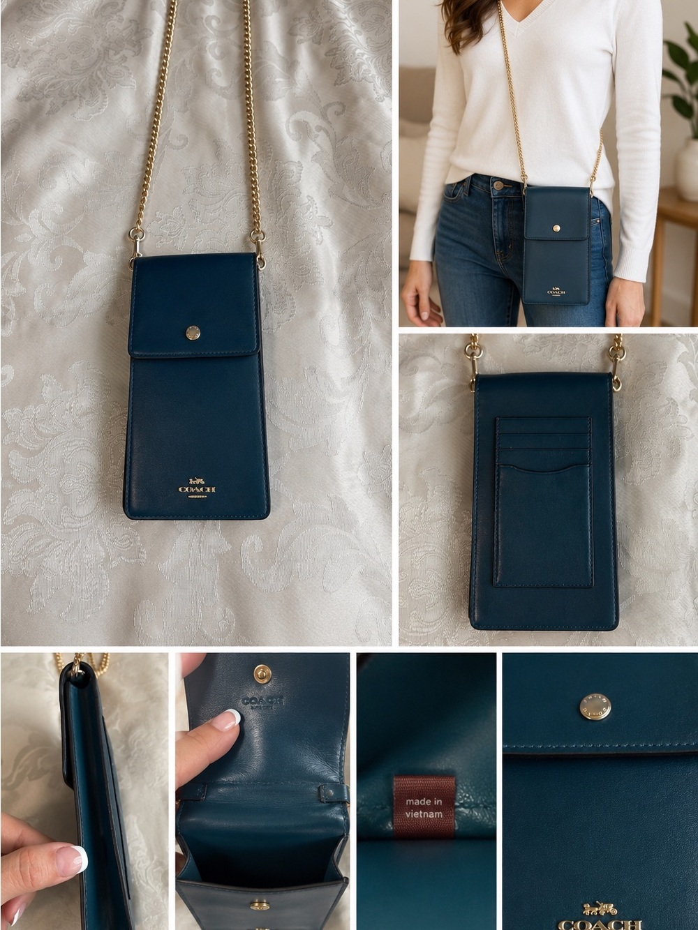 Coach Teal Leather Phone Crossbody Bag | Gold Chain Strap Fits 16Pro Max